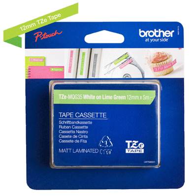 TZE-MQG35 - Ruban Laminé BROTHER - 12mm de large - Blanc/Vert citron