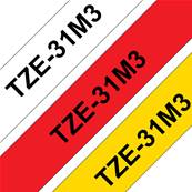 TZE-31M3 - 3 Rubans Laminés BROTHER - 12mm de large - Noir/Blanc, Noir/Rouge, Noir/Jaune